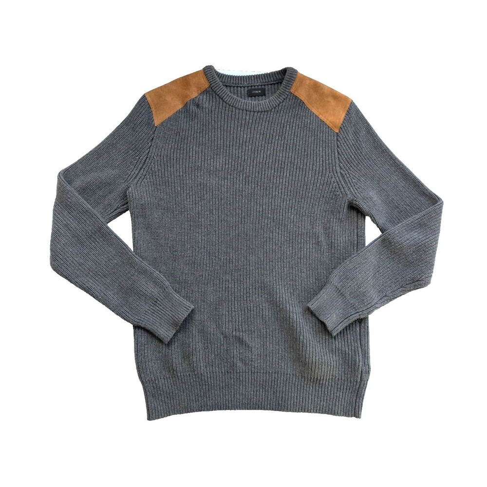 J.Crew Woodsman Knit Sweater Leather Shoulder Patches Cotton Gray Sz Large NEW